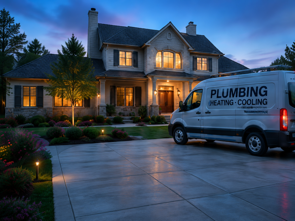 A home service van outside a customer home in the evening